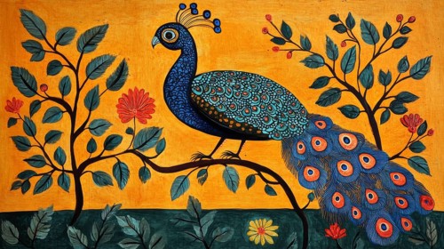 A peacock perched on a branch surrounded by vibrant leaves and flowers with a stunning display of