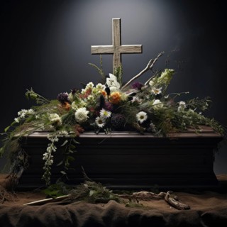 Coffin with cross, atmospherically decorated with flowers, funeral bouquet, KI generated, AI