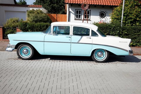 Blue vintage car Chevrolet Bel Air parked on the street, Lower Saxony, Germany, Europe