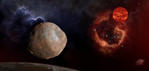 Fantasy composition of Phobos, the satellite of Mars. The old Sun shines over the RCW 79 nebula in