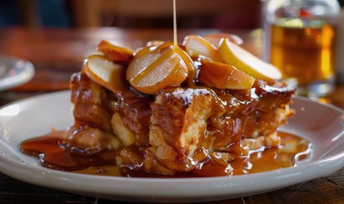 Pear and caramel bread pudding AI generated