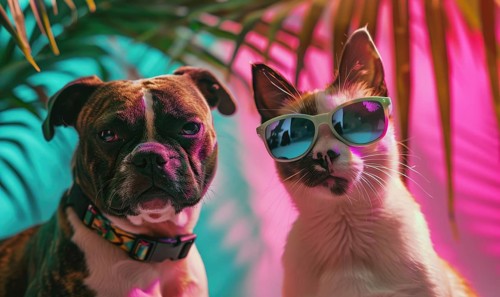 A dog and cat wearing sunglasses together under a tropical palm setting AI generated