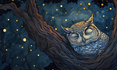 Marker drawing of a sleepy owl nestled in a tree hollow against a backdrop of twinkling stars AI