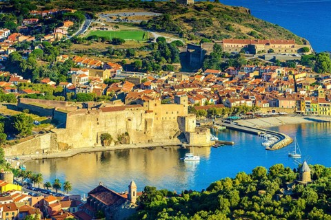 Landscape of Collioure city with harbor and sea at Occitanie in France
