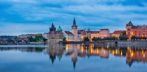 Prague Czech Republic, panorama night city skyline at Charles Bridge and Vltava River, Czechia