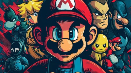 Colorful vector art mash-up of Mario with ninja and various fictional characters, ai generated, AI