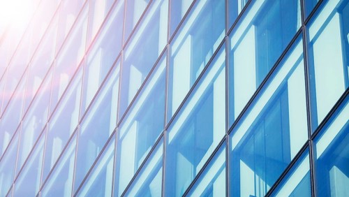 Modern office building: Skyscraper with blue glass