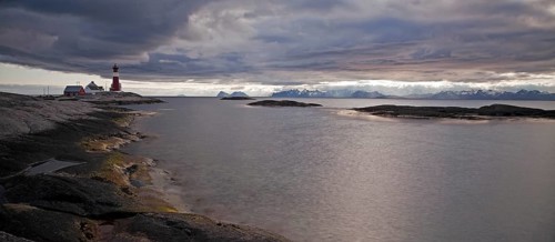 Tranoey Fyr lighthouse, view across the Vestfjord towards the Lofoten, Hamaröy, Hamarøy, Vestfjord,
