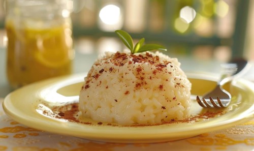 Arroz con leche (rice pudding) with cinnamon on a pastel yellow plate AI generated