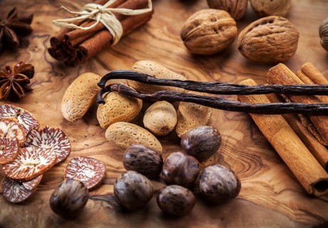 Assortment of spices and nuts for Christmas for baking cookies