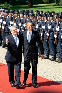 President Barack Obama during the welcoming ceremony at Bellevue Palace with the German President