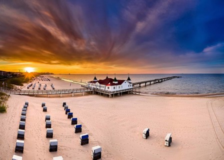 Drone view of famous old pier of Ahlbeck on island of Usedom in the baltic sea