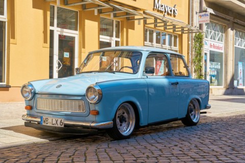 Well-preserved Trabant car from GDR production in the old town centre of Wittenberg in Germany