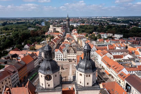 Drone shot, aerial view, drone photo, picture from above, historic town church St. Marien, view