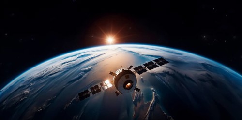 Satellite spacecraft in earth orbit in space, space monitoring concept, AI generated