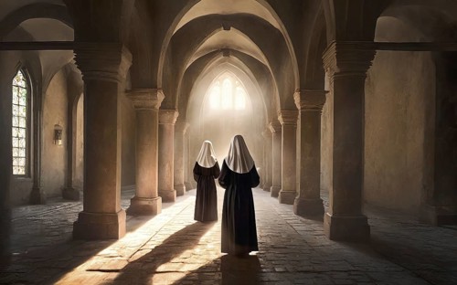 Two Catholic nuns stand devoutly in the archway of a convent, KI generated, AI generated