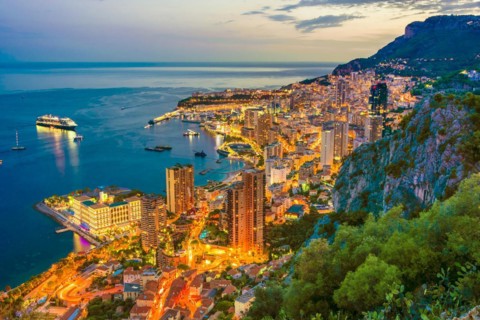 View of the city of Monaco on French Riviera after sunset