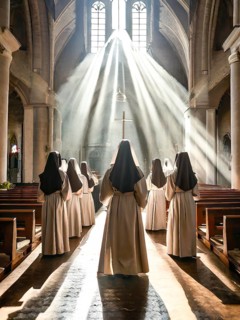 Catholic nuns at morning devotions in a chapel flooded with light, KI generated, AI generated
