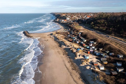 Tisvildeleje, Denmark, January 21, 2021: Aerial drone view of the village and the beach, Europe