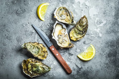 Fresh oysters on ice, knife, lemon wedges. Rustic stone background. Opened fresh raw oysters. Top