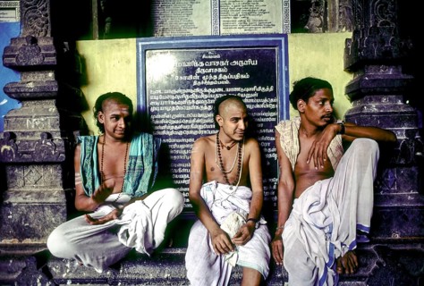 Dikshitars sitting in the corridor of Thillai Nataraja temple in Chidambaram, Tamil Nadu, South