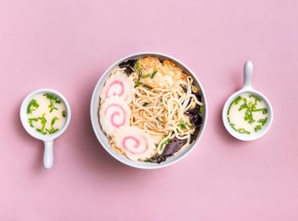 Flat lay ramen soup sauce