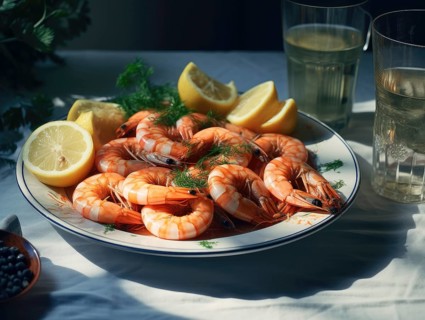 Fresh prawns, served on a plate with lemon and dill, wine glass, KI generated, AI generated