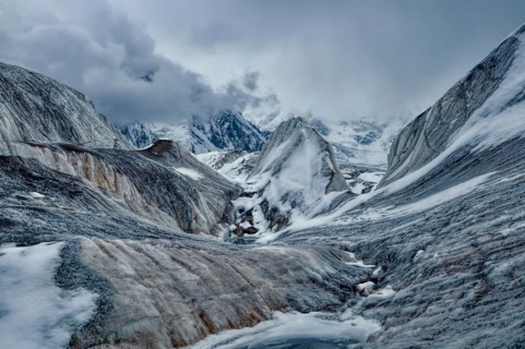 Scenic view of Engilchek glacier in Tian Shan mountain range in Kyrgyzstan