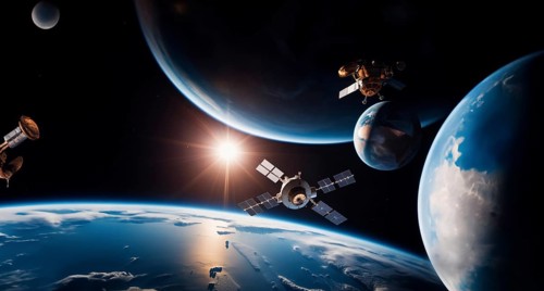 Satellite spacecraft in earth orbit in space, space monitoring concept, AI generated