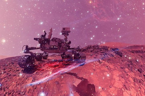 Curiosity rover exploring the surface of Mars. Science fiction wallpaper. Elements of this image