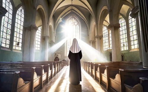 A Catholic nun at morning devotions in a chapel flooded with light, KI generated, AI generated