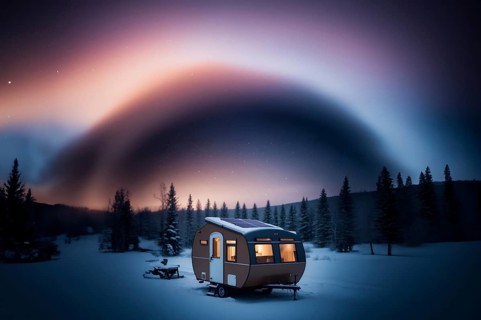 Trailer outdoors in winter in the forest with a solar panel on the roof. The concept of life