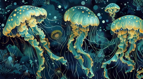 Illustration of golden glowing jellyfish in a dark teal aquatic environment, ai generated, AI