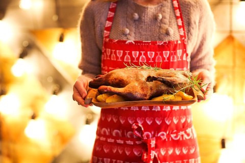 Roast duck and potato on wooden plate in womans hands. Christmas dinner