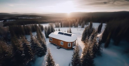 Trailer outdoors in winter in the forest with a solar panel on the roof. The concept of life
