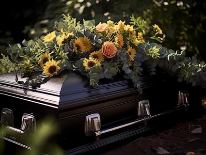 Coffin, atmospherically decorated with flowers, funeral bouquet, KI generated, AI generated
