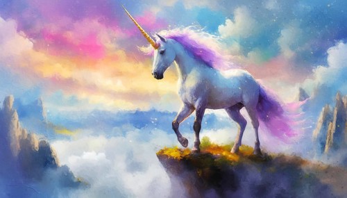Wild and free unicorn standing lonely at the edge of a cliff above the clouds with a scenery view
