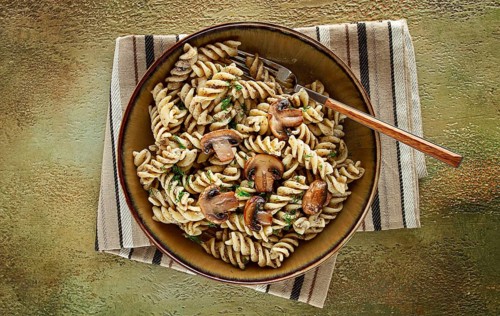 Fusilli pasta, in creamy mushroom sauce, pasta with mushrooms, homemade, no people