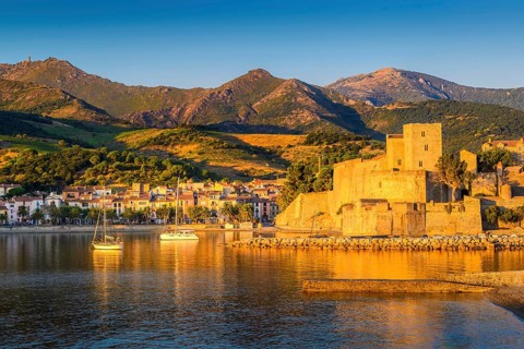 Medieval castle and boats at Collioure city at sunrise at Occitanie in France