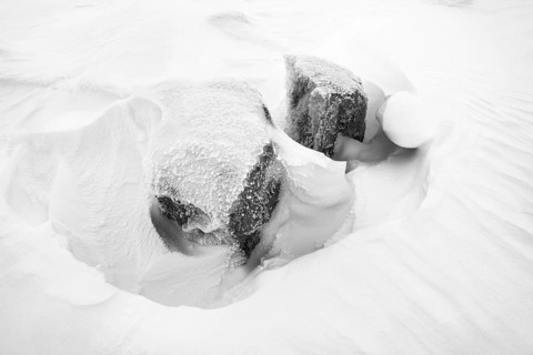 Snow-covered rocks, Dundret Nature Reserve, Gällivare, Norrbotten, Lapland, Sweden, November 2017,