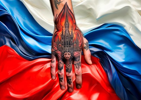 A hand tattooed with Russian motifs lies on a national flag with the colours white, blue and red,