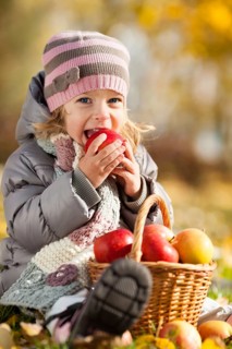Happy kid eating red apple in autumn park. Healthy lifestyles concept