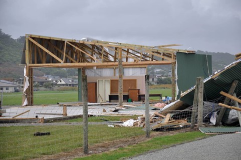 Aircraft hangars destroyed by Cyclone Ita, Greymouth, New Zealand, April 2014, Oceania