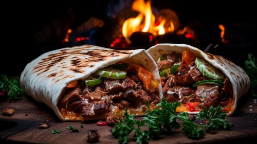 Döner kebab meat, stuffed in a thin pita bread, lies on a tree slice, a fire blazing in the
