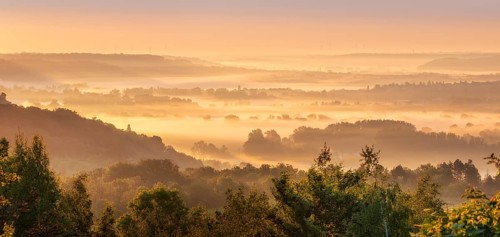 View into the Saale valley with morning fog at sunrise, Naumburg, Burgenlandkreis, Saxony-Anhalt,