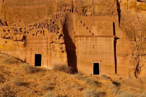 Nabataean tombs at Djabal Al-Ahmar in first daylight, Hegra or Madain Salih, AlUla region, Medina