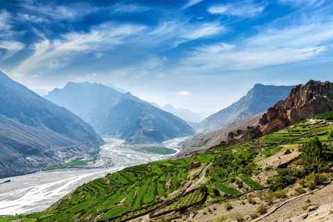 View of Spiti valley and Spiti river in Himalayas. Spiti valley, Himachal Pradesh, India, Asia