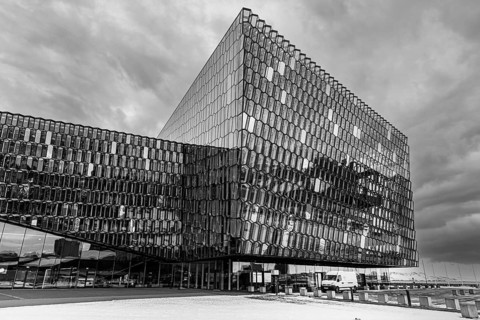 Façade of the Harpa Concert Hall and Congress Centre, black and white photo, Reykjavik, Reykjanes