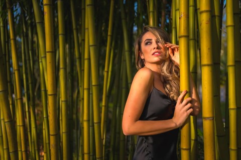 Portrait of a Caucasian girl in a black dress in a bamboo forest