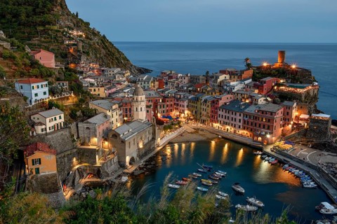 Vernazza fishing village, blue hour, Cinque Terre, La Spezia province, Liguria, Italy, Europe